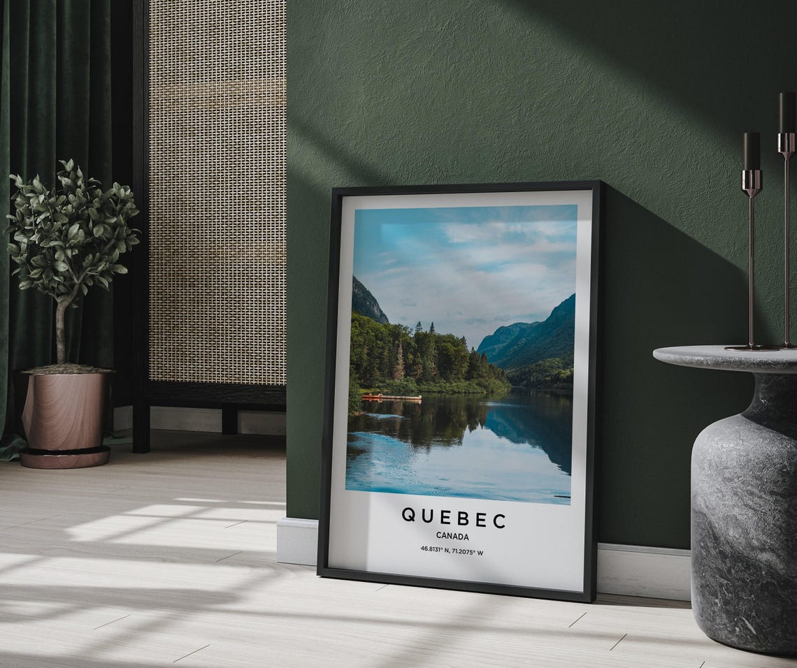 Quebec Canada Mountain Lake Canoe Landscape Photography Poster - Image 2