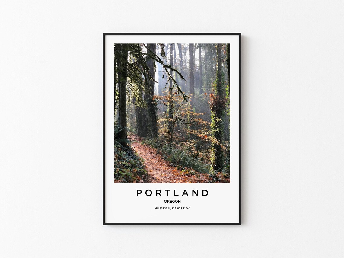Portland Oregon Misty Forest Trail Photography Travel Poster