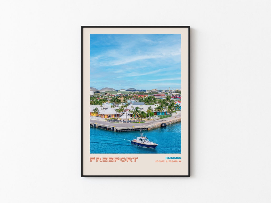 Freeport Bahamas Harbor Boat Palm Trees Coastal Scene Poster - Image 2