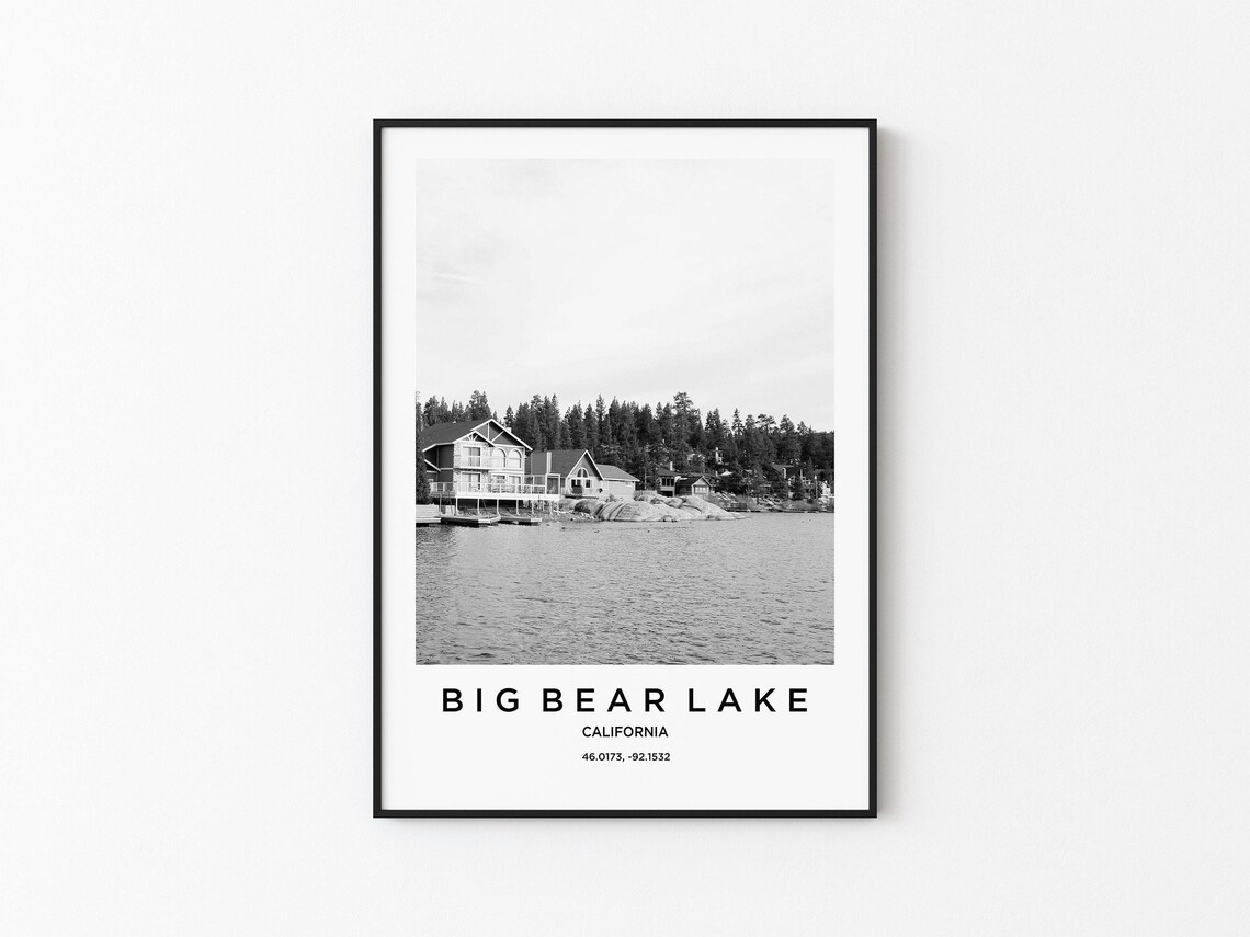 Big Bear Lake California Lakeside Cabins Black and White Photography Poster