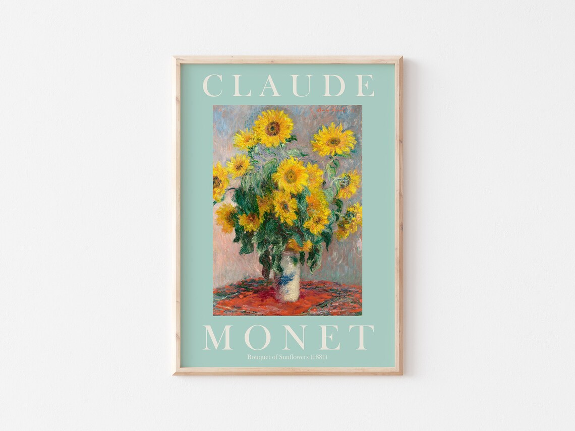 Claude Monet Bouquet of Sunflowers 1881 Mint Green Border Poster - Image 3
