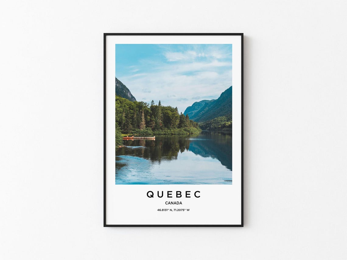 Quebec Canada Mountain Lake Canoe Landscape Photography Poster