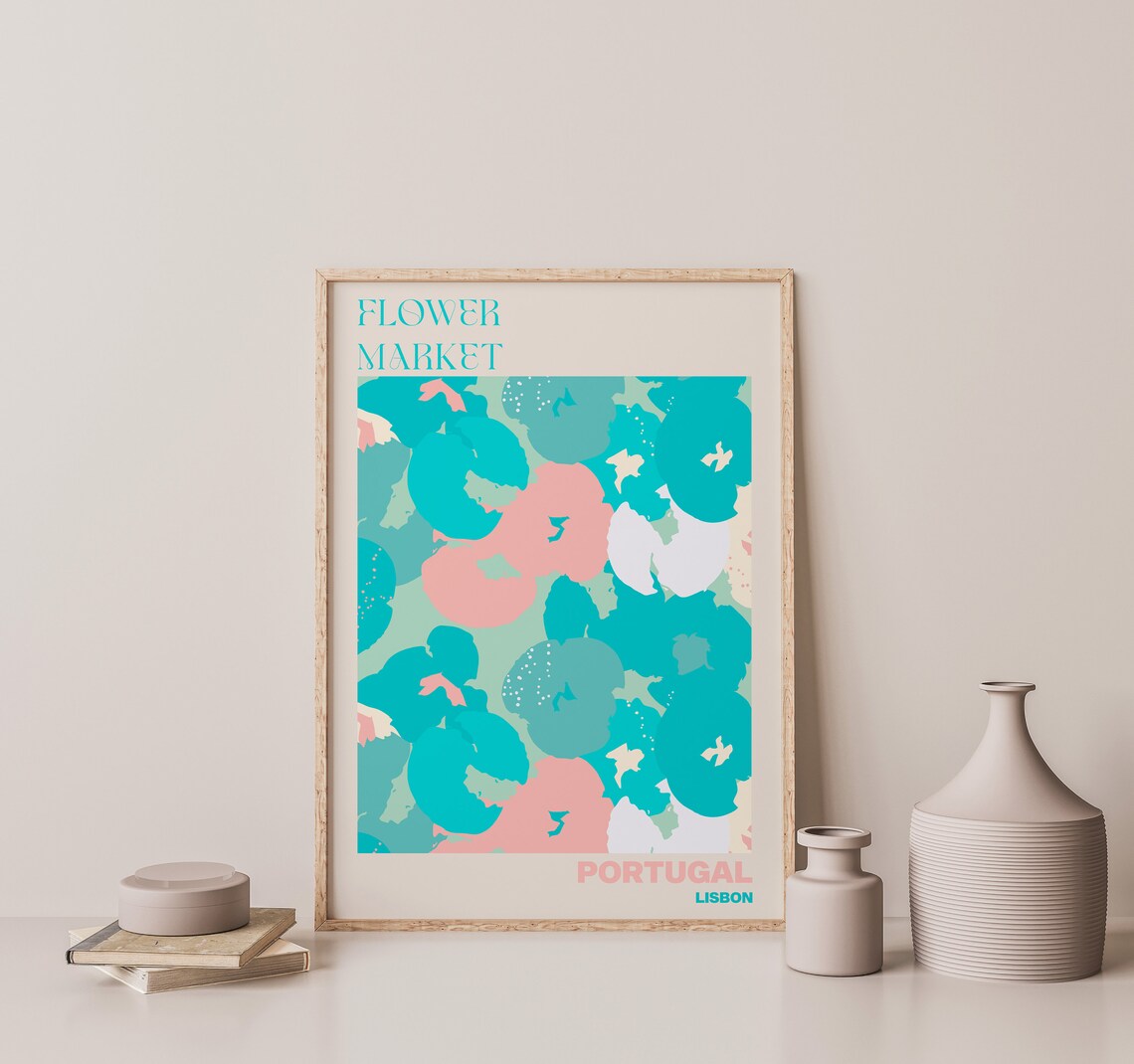 Portugal Lisbon Teal Pink Abstract Flower Market Blossom Poster - Image 3