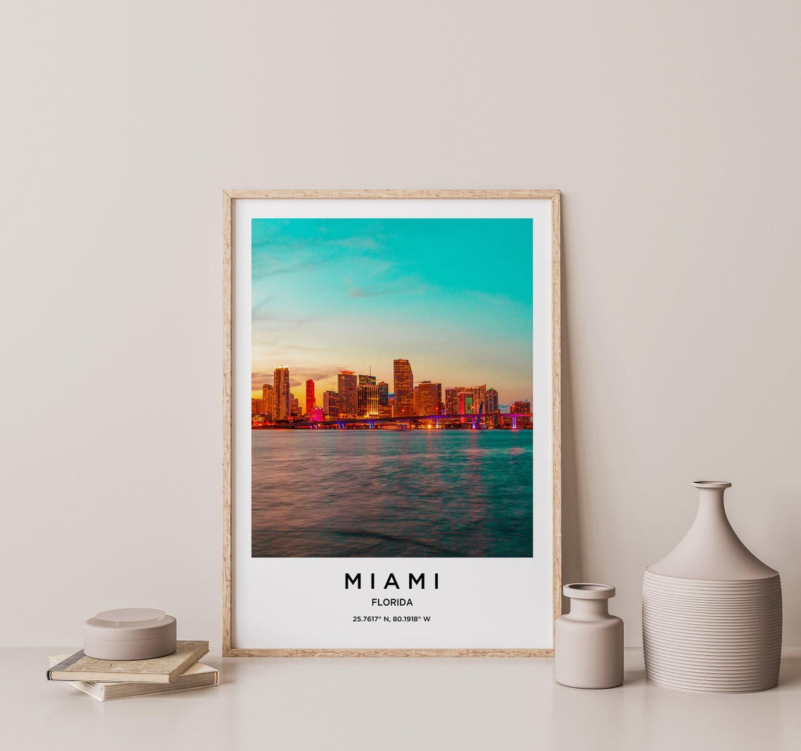 Miami Florida Pastel Sunset Skyline Glowing Over the Water Poster - Image 2