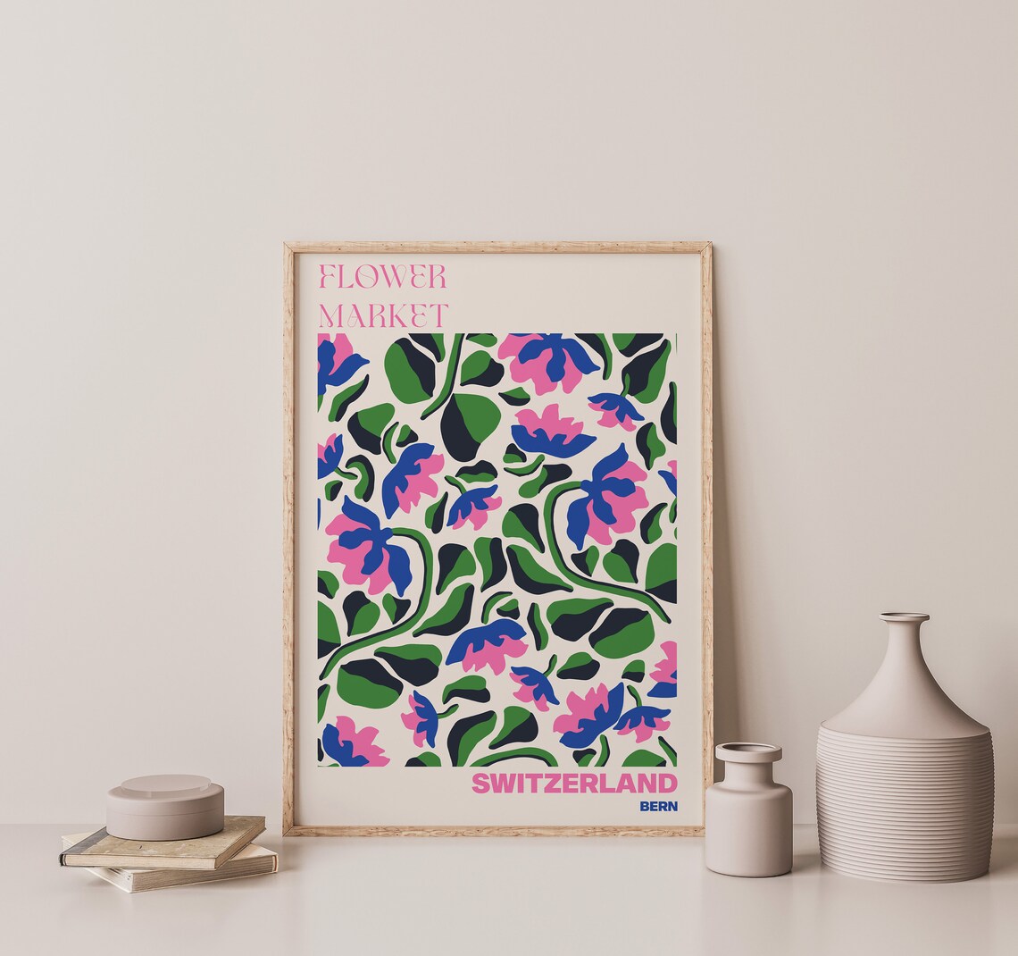 Switzerland Bern Bold Pink Blue Flower Market Botanical Poster - Image 3