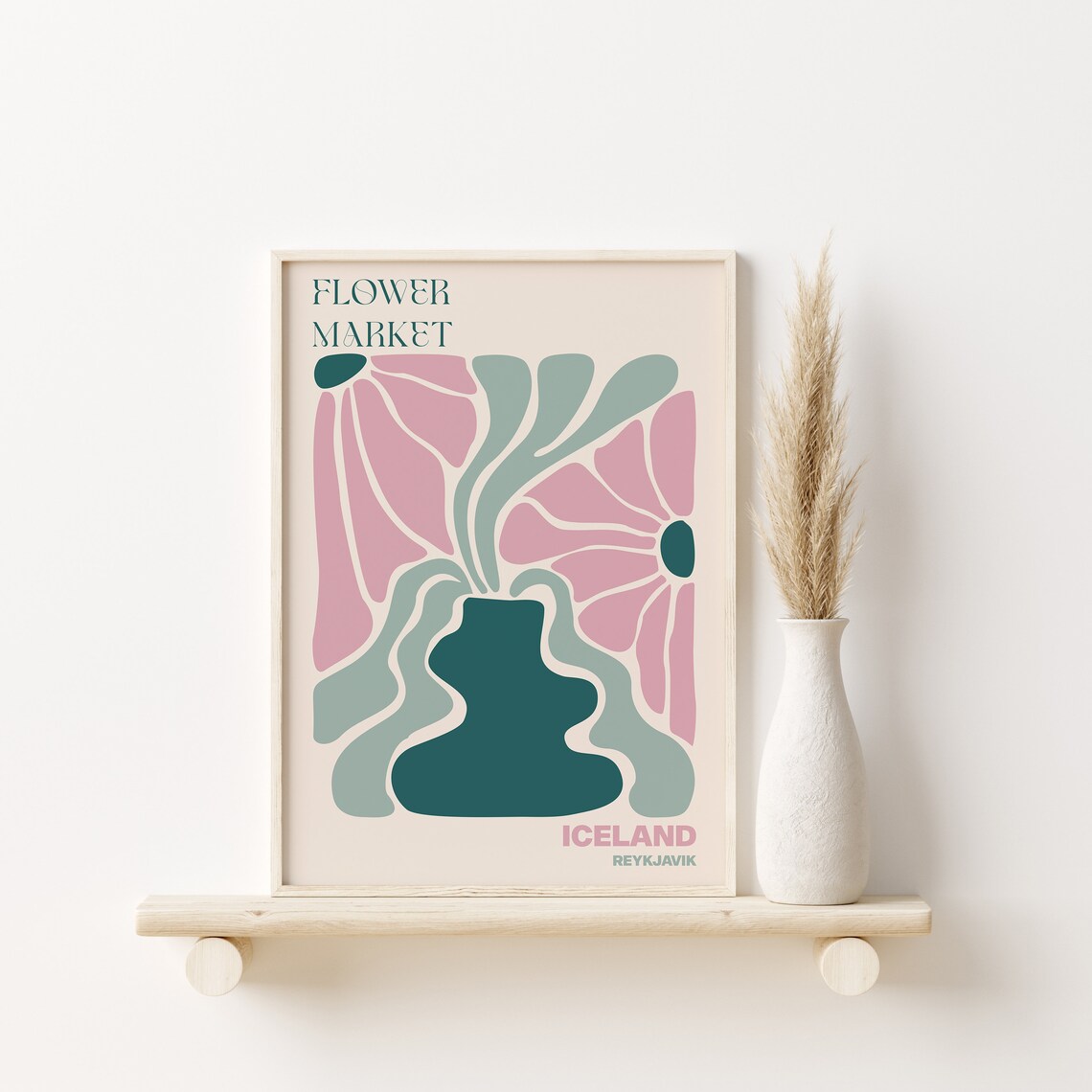 Iceland Reykjavik Flower Market Groovy Pink Daisy Teal Vase Poster - Image 3