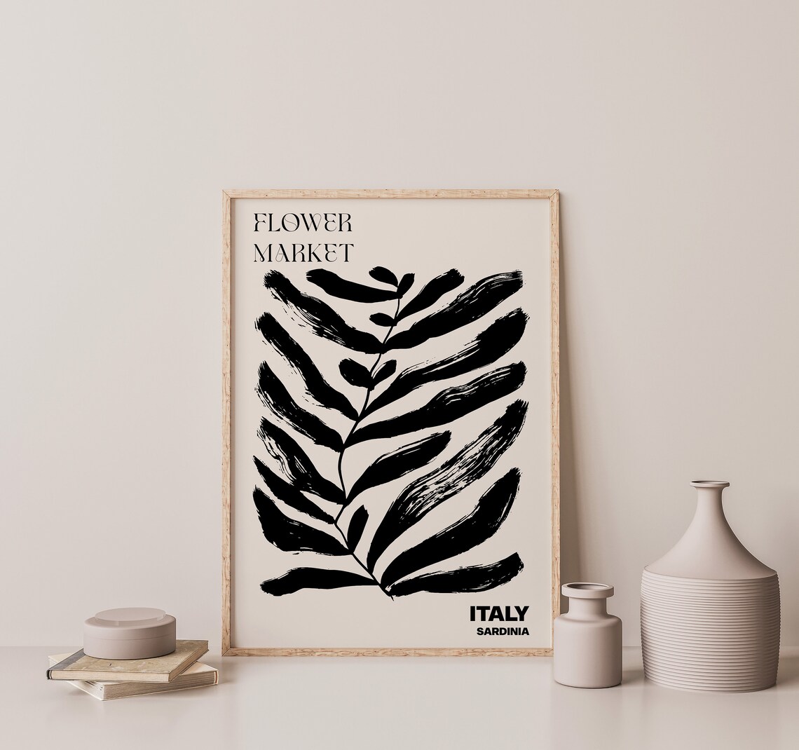 Italy Flower Market Sardinia Bold Black Leaf Design Art Poster - Image 3
