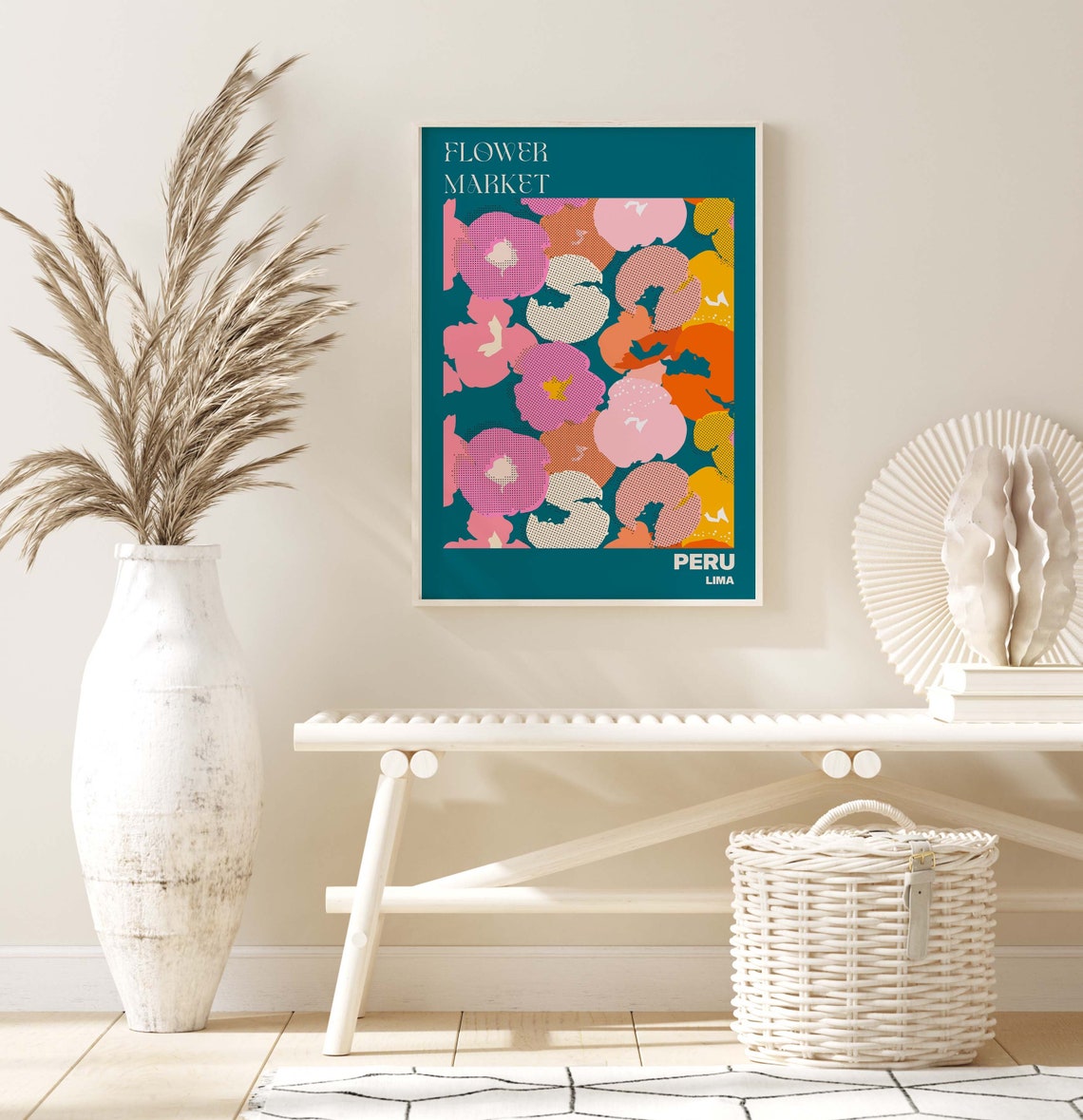 Peru Lima Flower Market Bold Retro Pop Art Pansy Teal Poster - Image 2