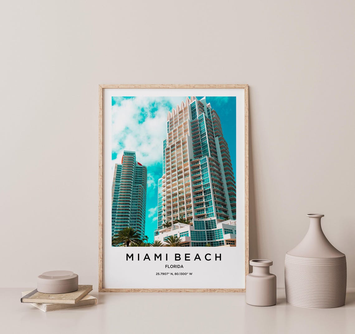 Miami Beach Florida Tall Beachfront Towers Under Teal Sky Poster - Image 2