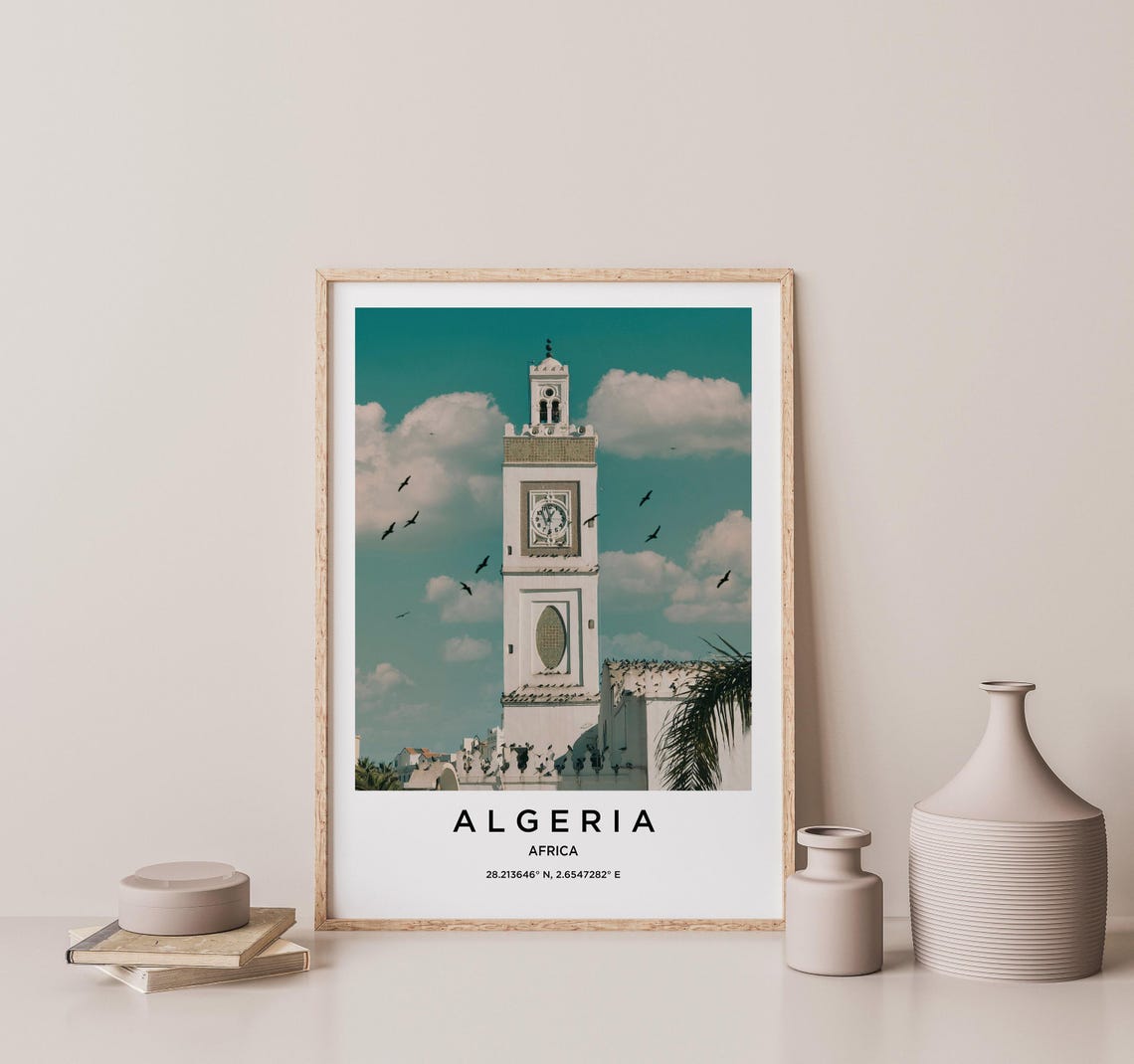 Algeria Africa White Clock Tower Birds Teal Sky Travel Poster - Image 2