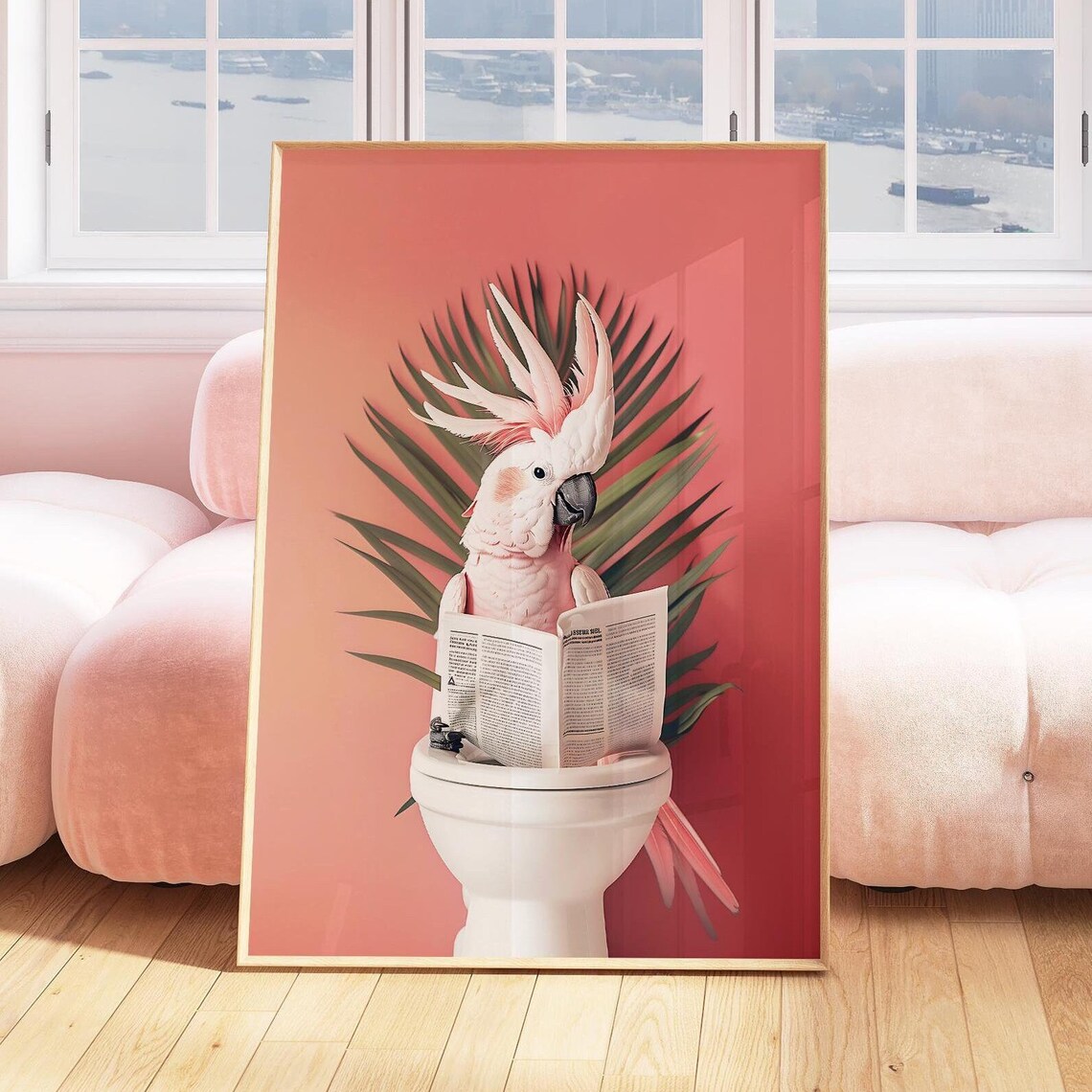 White Cockatoo Reading Newspaper On Toilet With Palm Fronds Poster