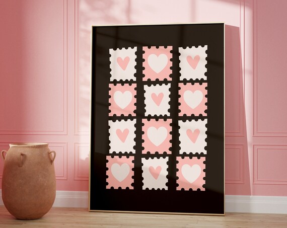 Heart Stamps Print Preppy Room Decor Girly Black Pink Wall Art College Cute Posters