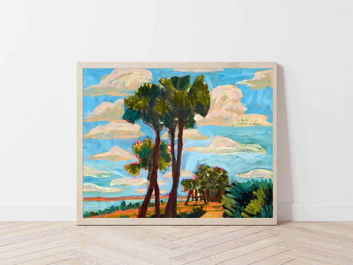 Santa Barbara Coastal Print Vintage Palm Tree Beach Decor