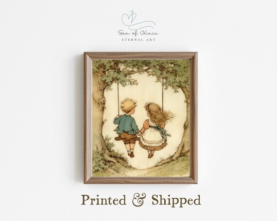Vintage Children On Swing, Whimsical Nursery Art Print