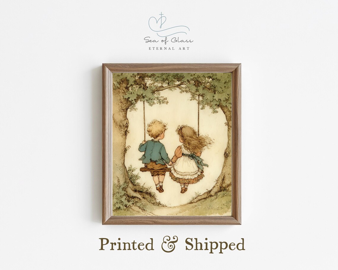 Vintage Children On Swing, Whimsical Nursery Art Print