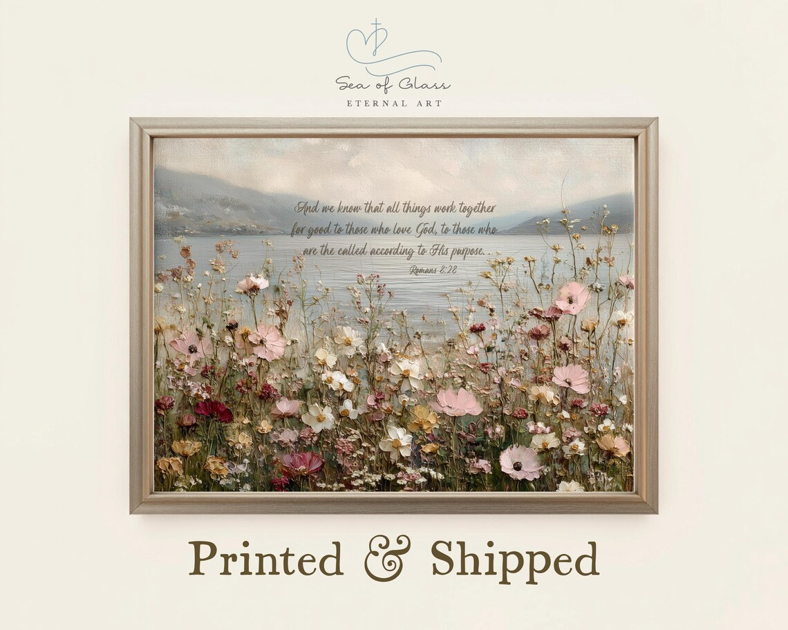 Romans 8:28 Scripture Floral Coastal Landscape, Vintage