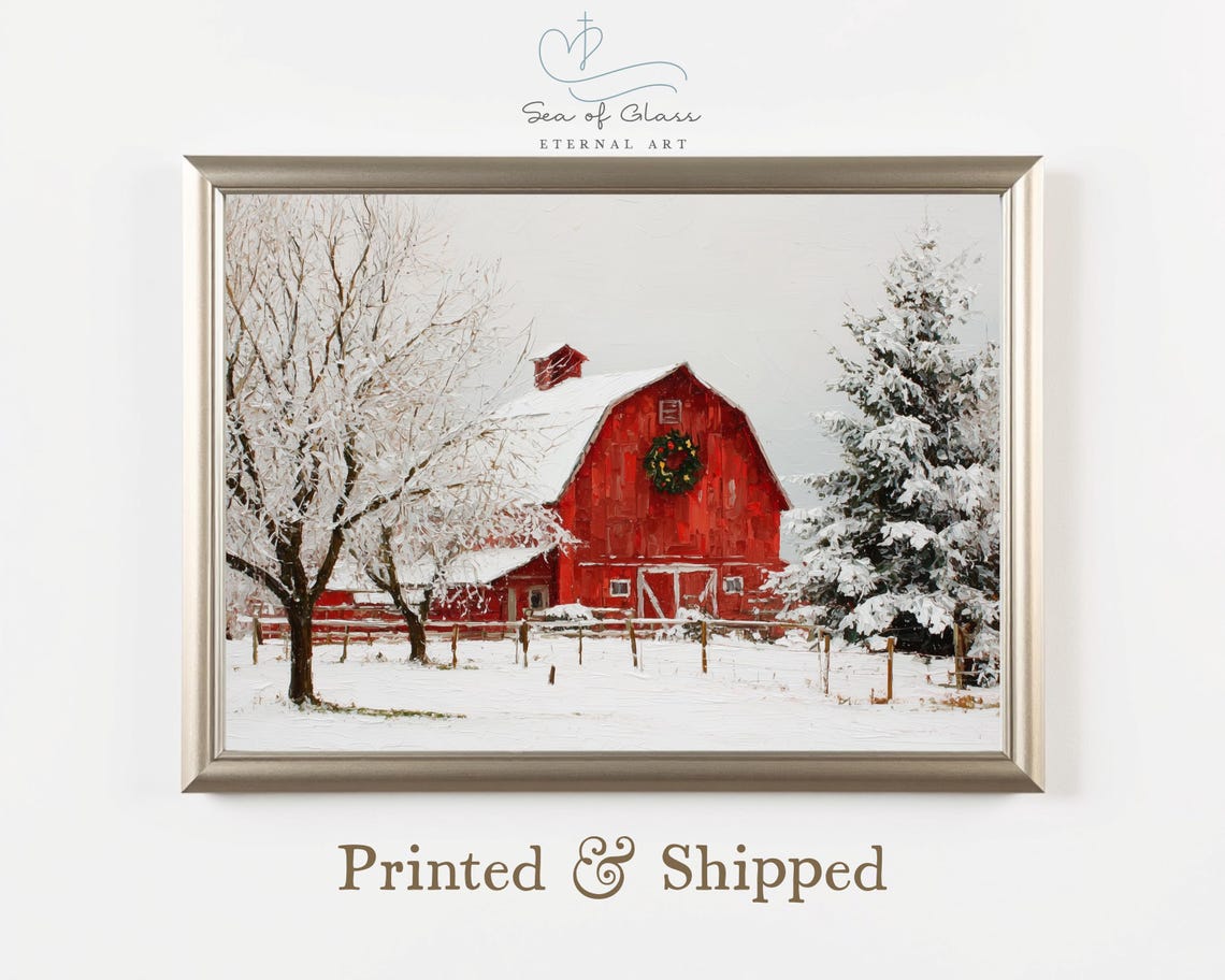 Red Barn Winter Snow Scene Christmas Wreath Farmhouse Art Poster