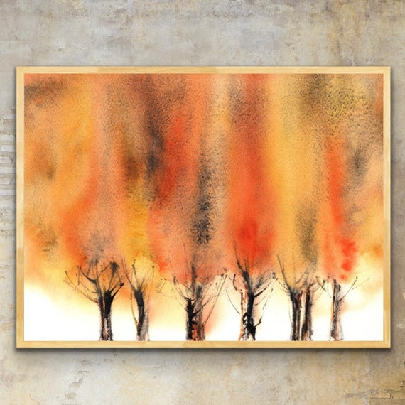 Autumn Trees Art Print Fall Landscape Watercolor Abstract Wall Decor Colors Poster From Original Painting