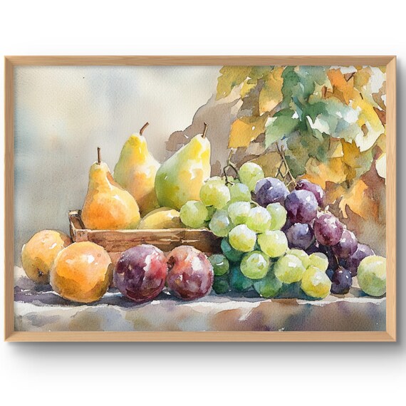Watercolor Fruit Still Life Art Print Pears Grapes and Plums in a Crate