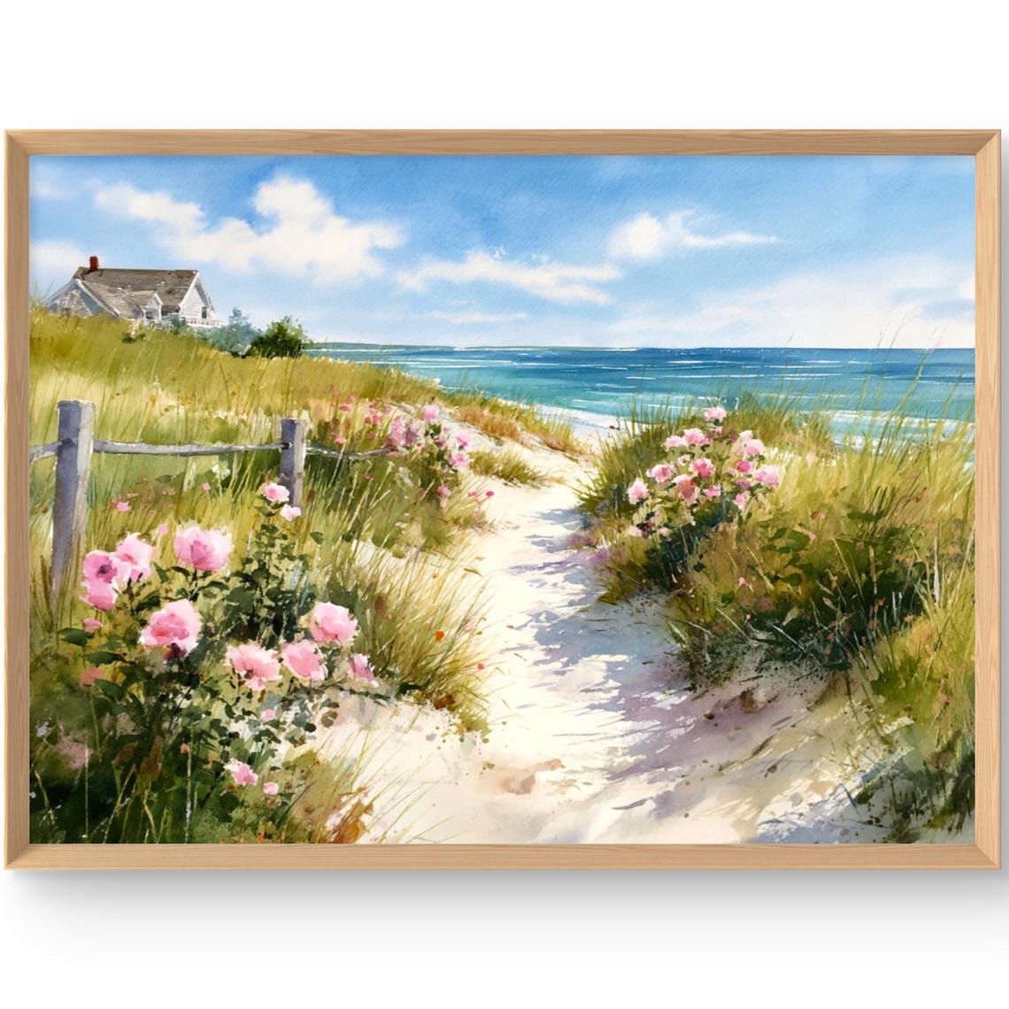 Cape Cod Beach Path Pink Roses Watercolor Coastal Painting Poster