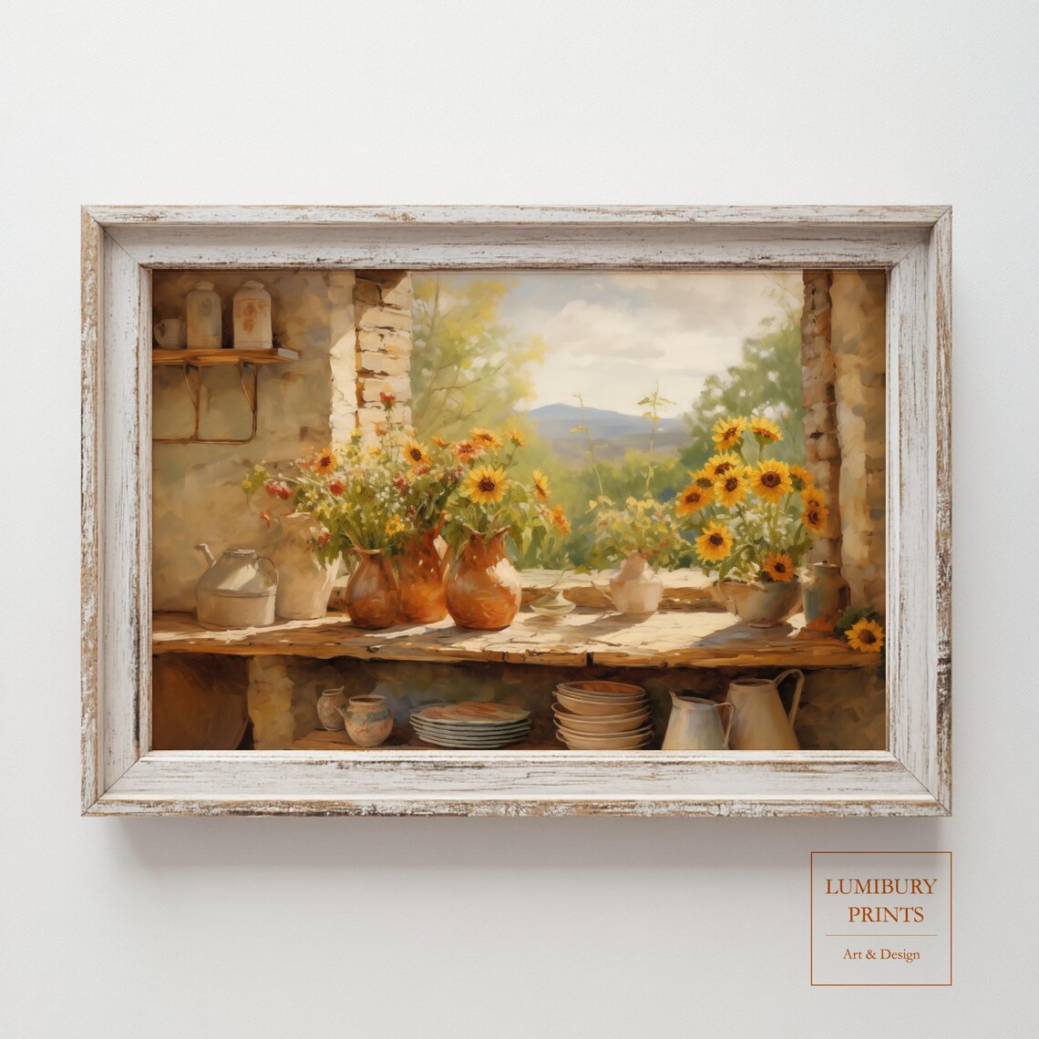 Rustic Farmhouse Windowsill Sunflowers Terracotta Oil Painting Wall Art
