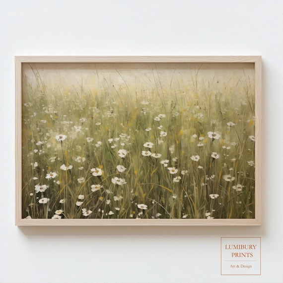 Serene White Wildflower Meadow in Soft Morning Light Art Poster