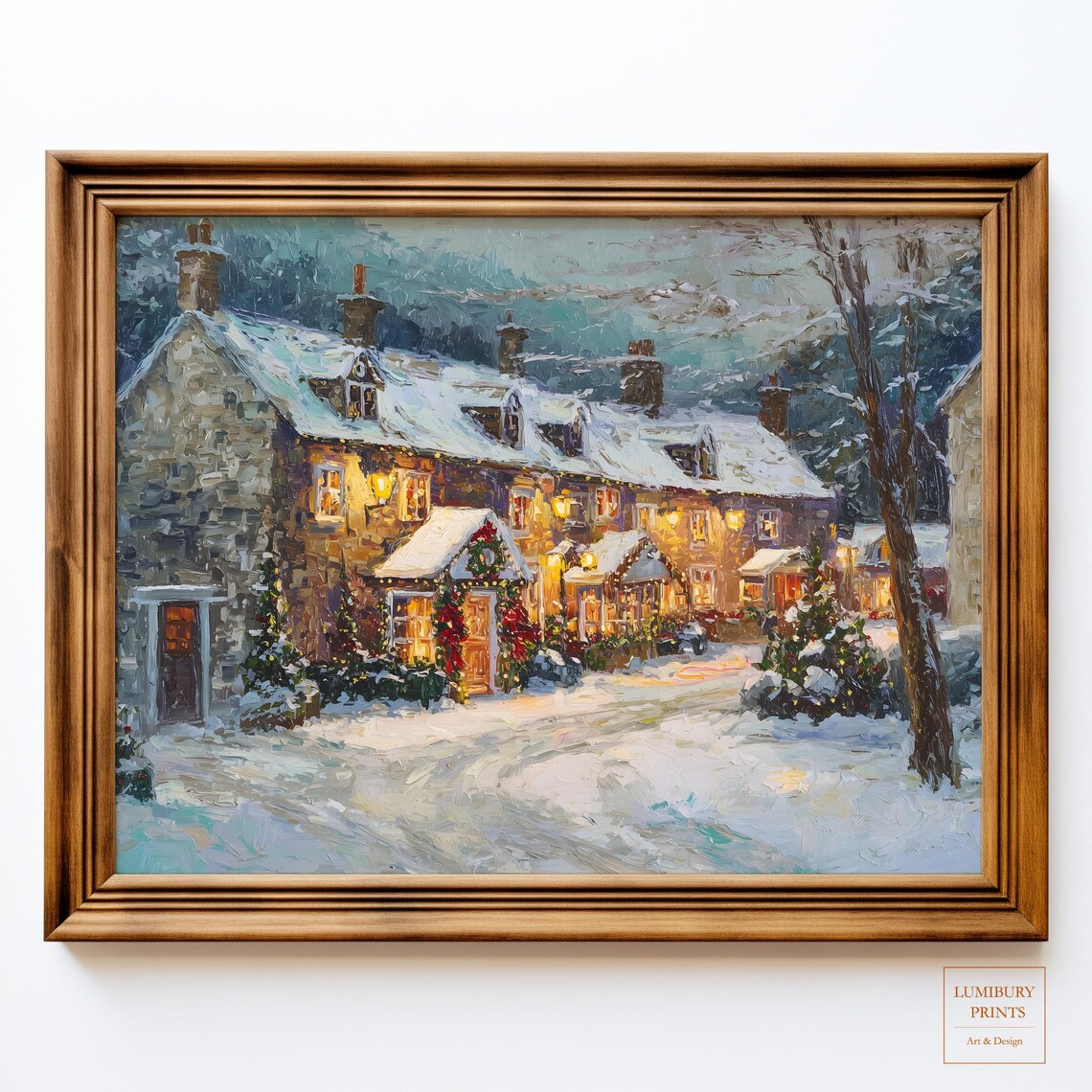 Snowy Christmas Cottage Glow Impasto Winter Village Painting Poster