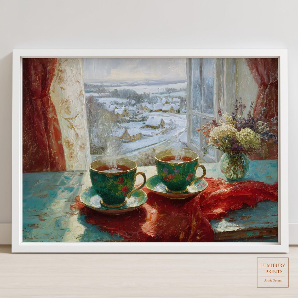 Cozy Winter Window Green Teacups Snowy Village Scene Art Print
