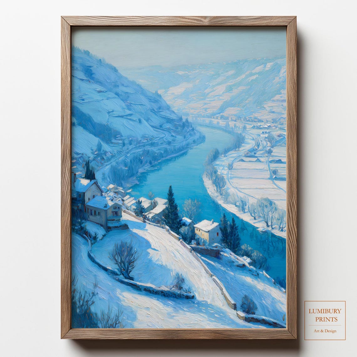 Winter Landscape Wall Art Snowy Mountain Painting Village River Print Instant