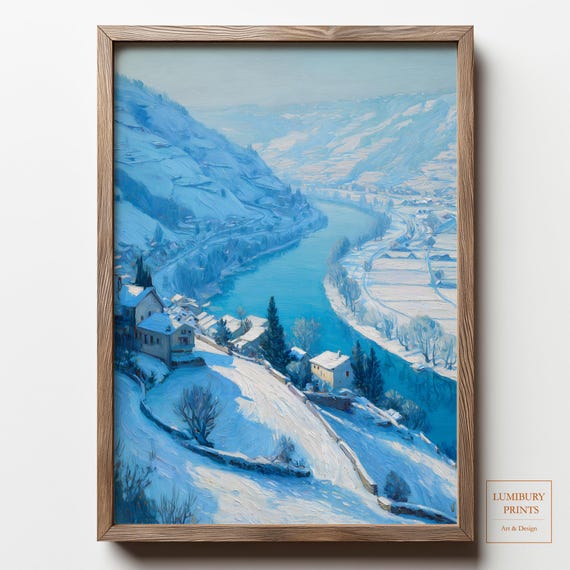 Winter Landscape Wall Art Snowy Mountain Painting Village River Print Instant