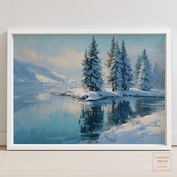 Winter Lake Landscape Print Snowy Pine Tree Serene Mountains Painting Vintage Instant