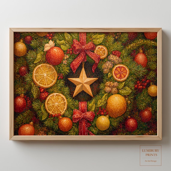 Rustic Christmas Wreath Orange Slices Golden Star Impasto Painting Poster