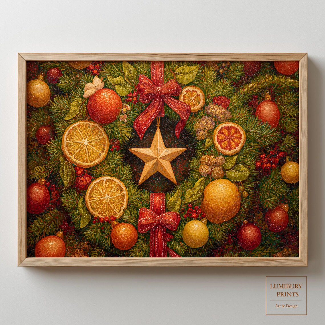 Rustic Christmas Wreath Orange Slices Golden Star Impasto Painting Poster
