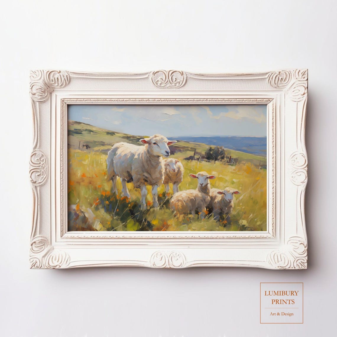 Sheep And Lambs Meadow Oil Painting Rustic Farm Animal Poster