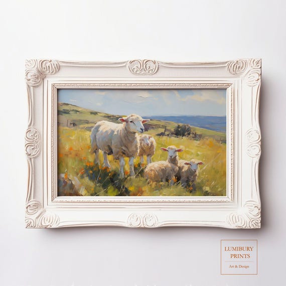 Vintage Pastoral Sheep Oil Painting Easter Farm Animal Wall Art Rustic Country Landscape Print