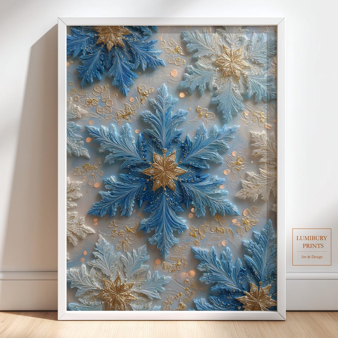 Blue and Gold Snowflake Impasto Texture Winter Christmas Wall Art