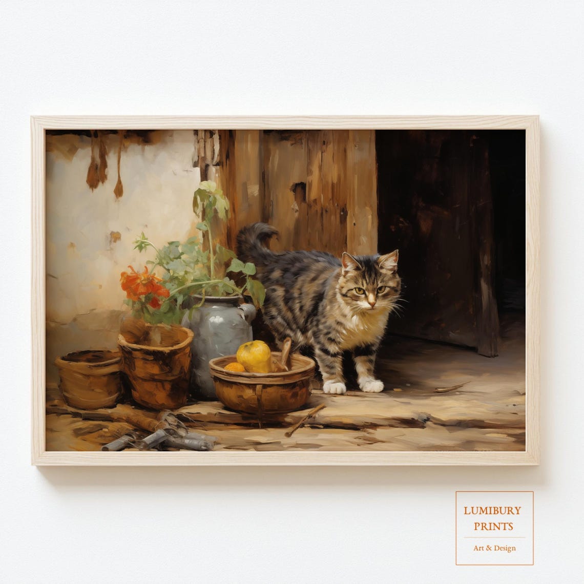 Tabby Cat with Fruit Baskets Rustic Still Life Farmhouse Cat Poster