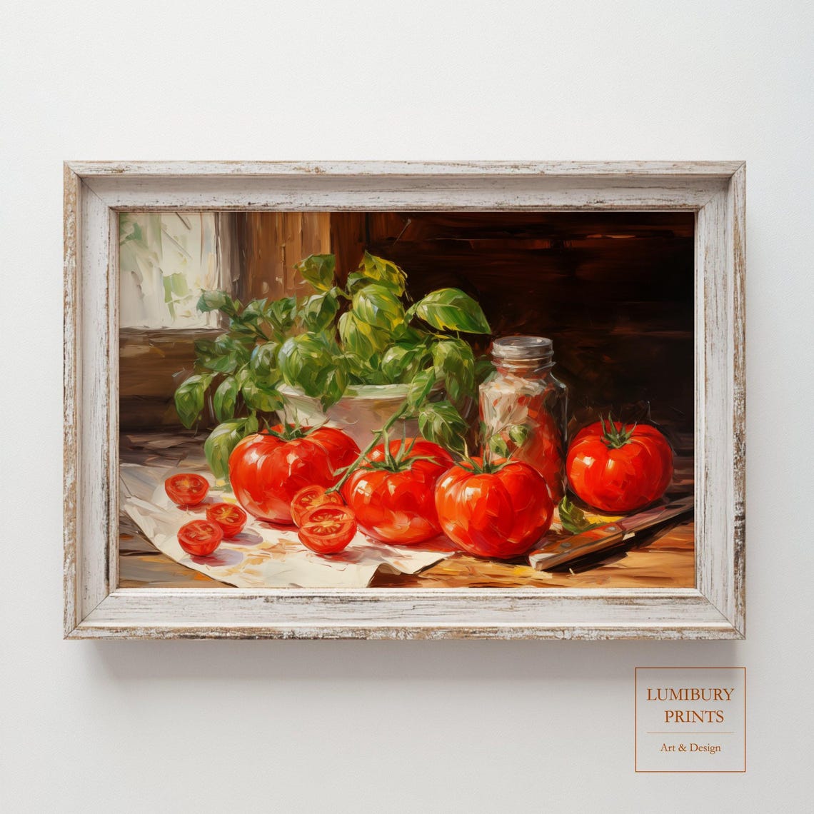 Fresh Tomatoes Basil Still Life Farmhouse Oil Painting Wall Art