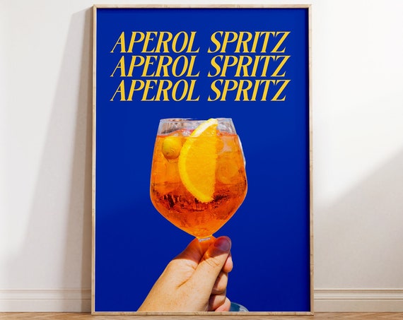 Aperol Spritz Bold Blue Trendy Wall Art Print Retro Cocktail Poster Happy Hour Dark Blue Kitchen Wall Art Bar Cart Trendy Alcohol Print