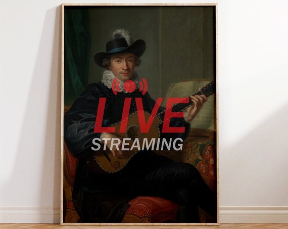 Live Streaming Vintage Altered Print Portrait With Funny Quote Humour Maximalist Eclectic Typography Art Music Guitar