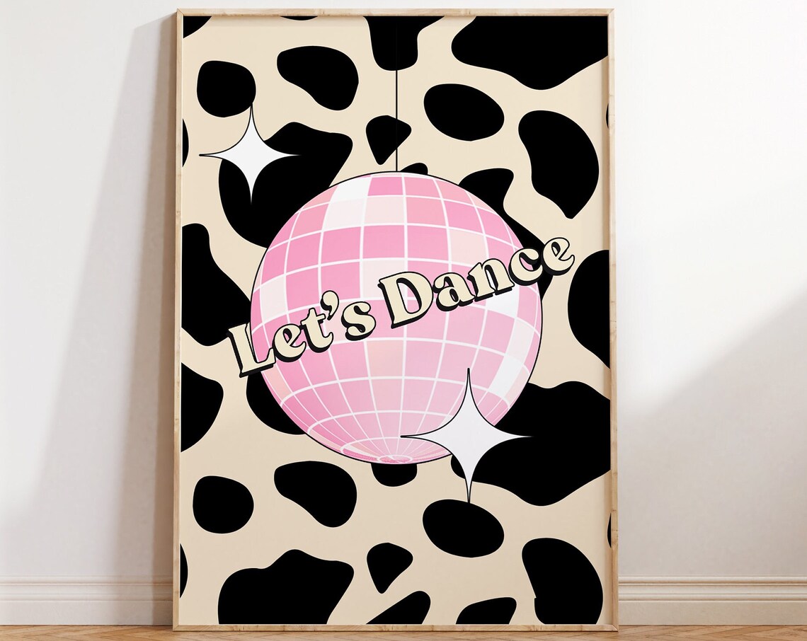 Lets Dance Disco Ball Cow Print Poster, Y2K Funky 90s