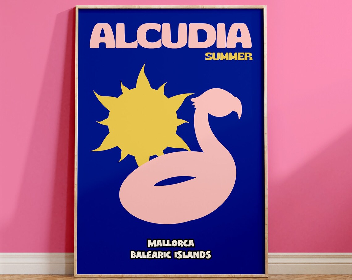 Alcudia Mallorca Travel Poster, Retro Summer Beach