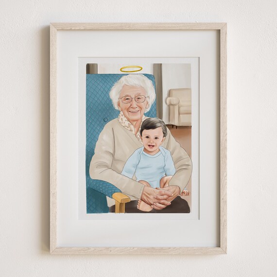 Grandmother With Halo Memorial Portrait Print Holding Grandchild Art