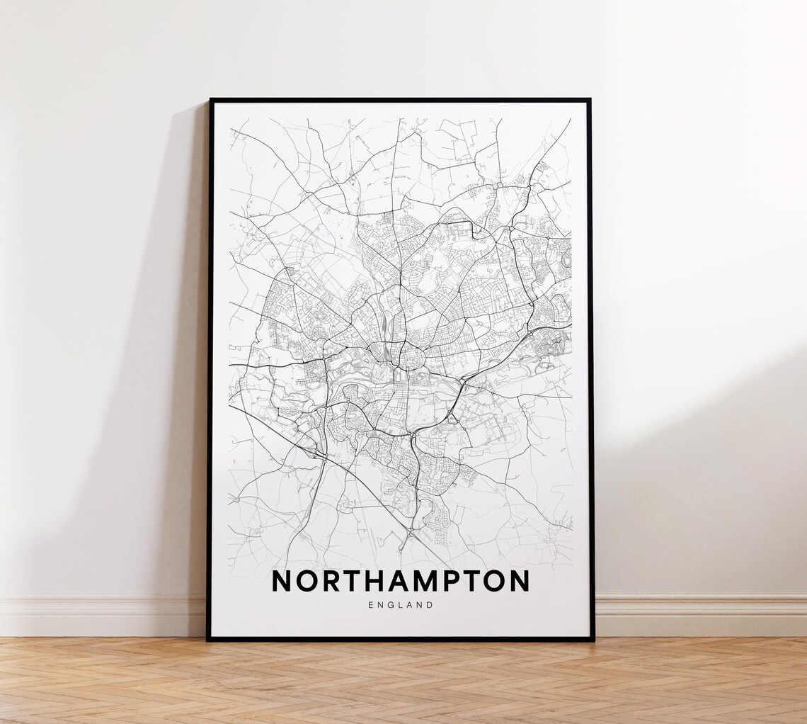 Northampton England Black And White Minimalist City Street Map Poster