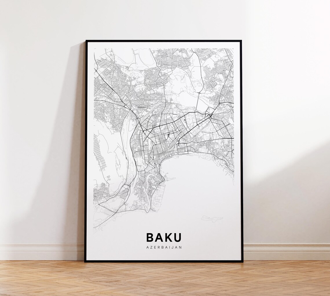 Baku Azerbaijan Minimalist Black and White City Map Street Poster