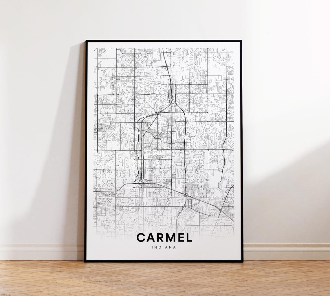 Carmel Indiana Minimalist Black White City Street Map Poster
