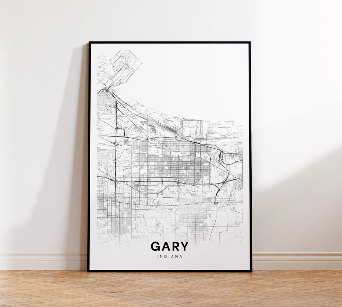 Gary City Map Print Street Poster Indiana Art Road Wall Office Decor
