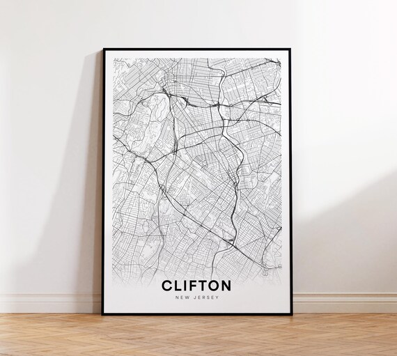 Clifton New Jersey Minimalist Street Map Black and White Poster