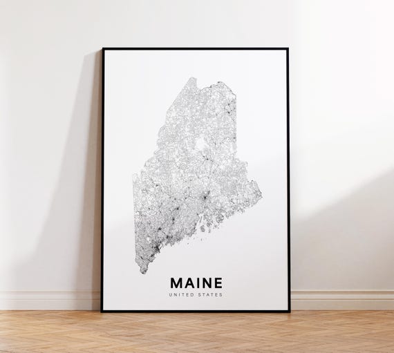 Maine State Map Print Poster Us Minimalist Me Road Modern Wall Decor Instant