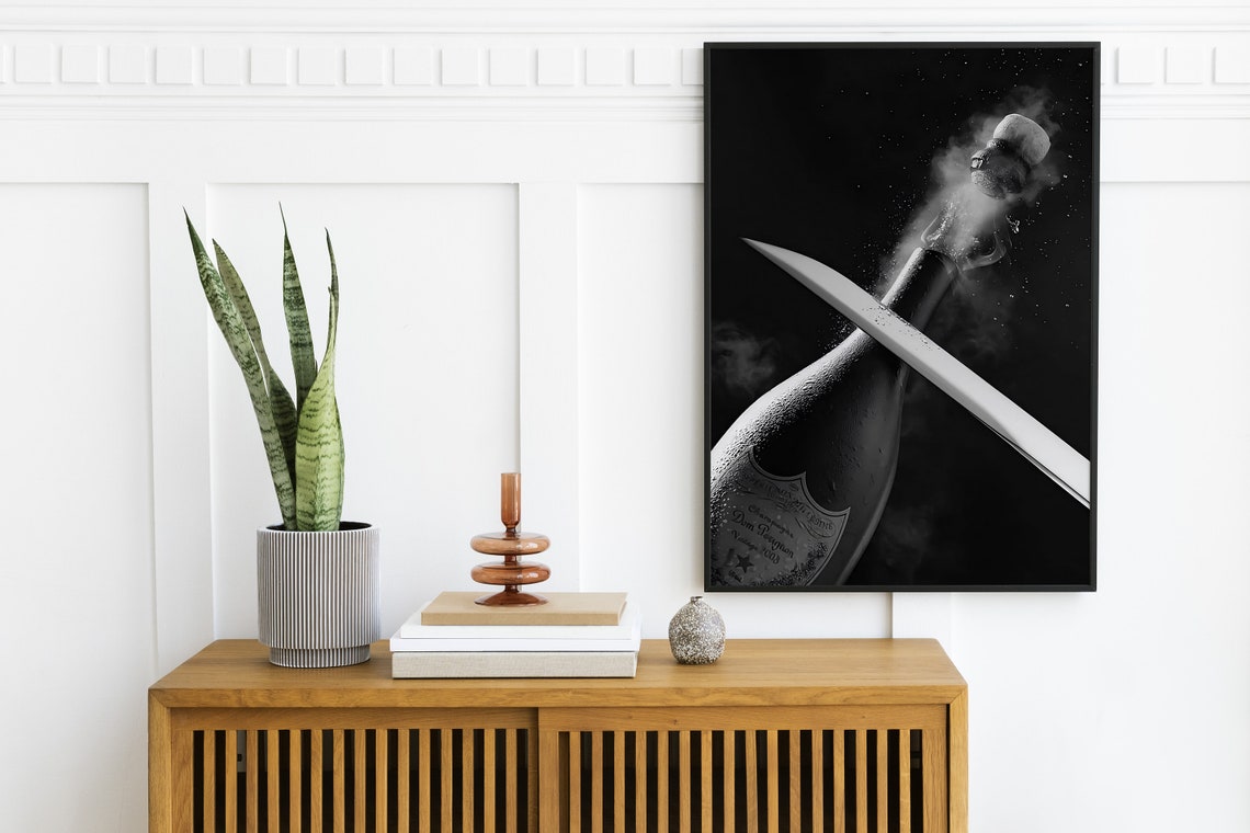 Champagne Sabre Bottle Cork Popping Black White Action Photo Poster - Image 2
